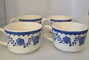 Set of 4 Vintage Viking Blue White Floral Ceramic Mugs Wide Soup Cups Brazil